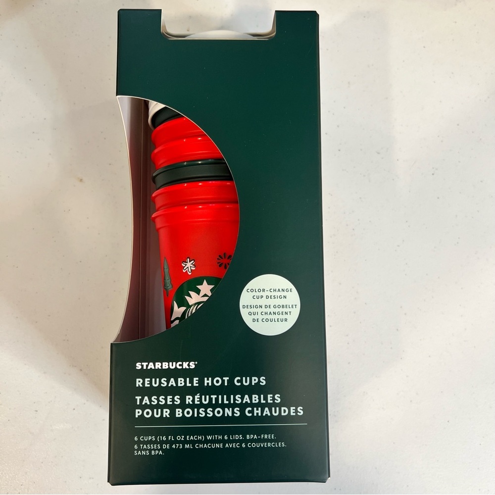 Starbucks 6 Reusable Color Changing Christmas Hot Cups w/Lids. 16 oz. NIB.